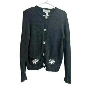 Tiara International Black Snowflake Sweater Christmas Cardigan Medium